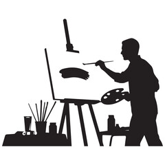 Silhouette of an artist painting on an easel with brushes and palette