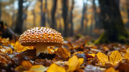 A single red and white toadstool mushroom with white spots on its cap grows in a forest floor covered with fallen autumn leaves.