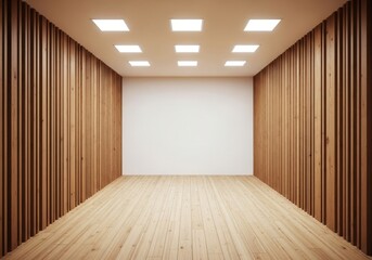 Modern interior of an empty room with wooden paneled walls and floor, and a white ceiling with square recessed lights