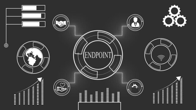 Digital diagram illustrating endpoint concept with global connection and business icons Keywords: endpoint, diagram, digital, technology, connection, global, network, business, finance, strategy