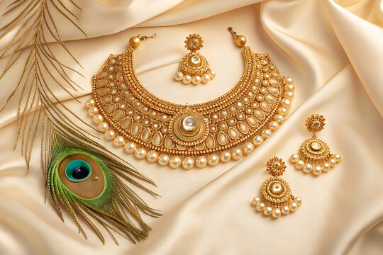 Traditional Indian gold jewelry set with necklace and earrings, bridal kundan jewelry on silk fabric, ethnic wedding accessories with peacock feather