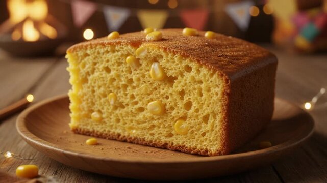 Fatia de bolo de milho fofo em prato de madeira com fundo festivo de S&atilde;o Jo&atilde;o.