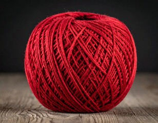 Close-up of a perfectly round ball of bright red knitting yarn