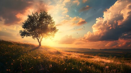 A single tree stands on a grassy hill at sunset, with birds flying overhead and a colorful sky.