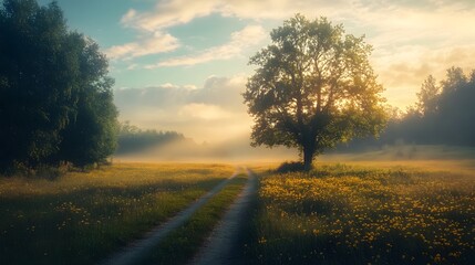 A single tree stands tall in a field of wildflowers, bathed in the golden light of sunrise. The sun's rays illuminate the misty air, creating a magical and ethereal atmosphere.