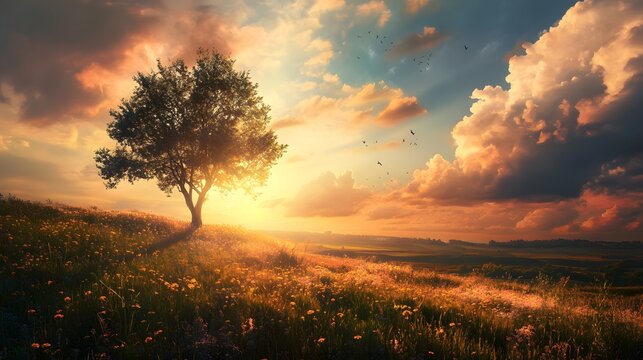 A single tree stands on a grassy hill at sunset, with birds flying overhead and a colorful sky. - Powered by Adobe