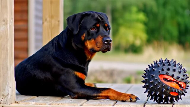 Majestic rottweiler resting with intriguing spiky toy on wooden platform outdoors