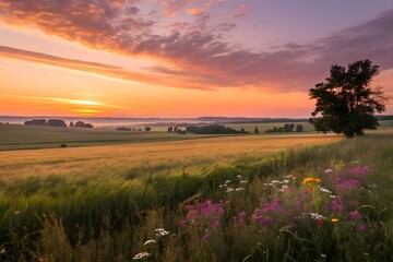 Sunset over river and fields with sky and grass