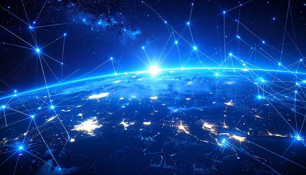 A composite illustration of Earth, bright sun, & connecting nodes forming a global network against the dark space with stars