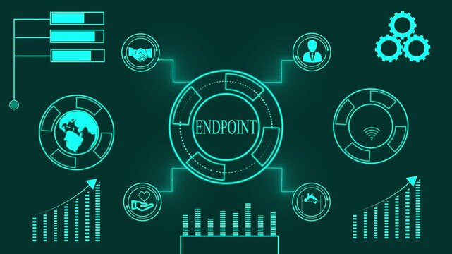 Digital diagram illustrating endpoint concept with global connection and business icons in teal Keywords: endpoint, diagram, digital, technology, connection, global, network, business, finance