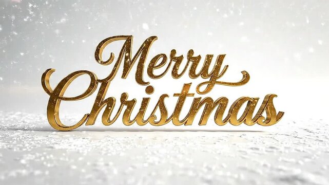 Simple white background, golden &ldquo;Merry Christmas&rdquo; typography with soft glow, falling snow particles, elegant minimal style, cinematic soft light
