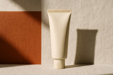 Beige Cosmetic Tube Mockup Standing on Fabric with Shadow