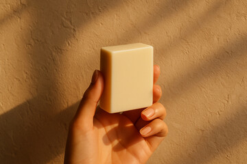 Hand Holding a Square Bar of Soap Mockup in Sunlight