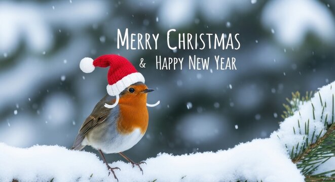 A red robin bird perched on a snowy branch with a festive Santa hat, set against a blurred snowy background with snowflakes falling.
