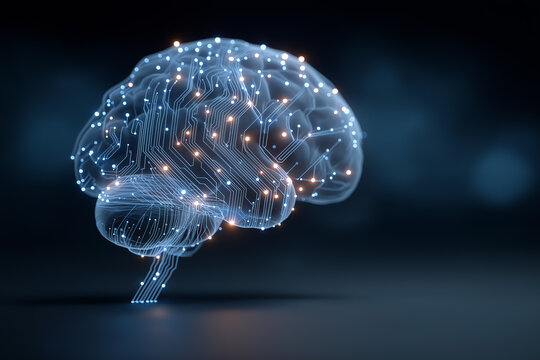 A translucent, glowing brain contains an illuminated circuit board pattern, symbolizing the fusion of human consciousness with Artificial Intelligence, machine learning,advanced cognitive technology
