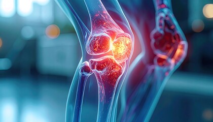 Illustration of a knee joint displaying inflammation and pain. Radiating red glow signifies issues, emphasizing pain. The blurred background adds depth