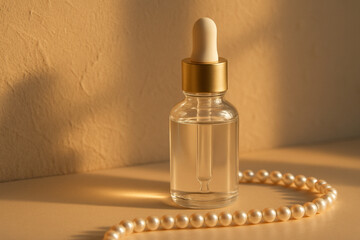 Naklejka premium Luxury Glass Serum Bottle Mockup with Pearls in Sunlight