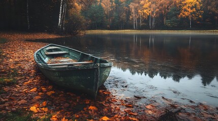 A small green boat sits on the shore of a lake in an autumn forest, surrounded by fallen leaves, with a misty background.