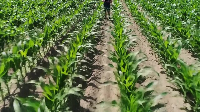 Rows of young green corn plants in a field