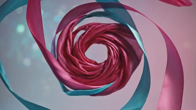 Abstract spiral of flowing ribbons in shades of pink and teal, creating a dynamic and elegant design with a soft focus background