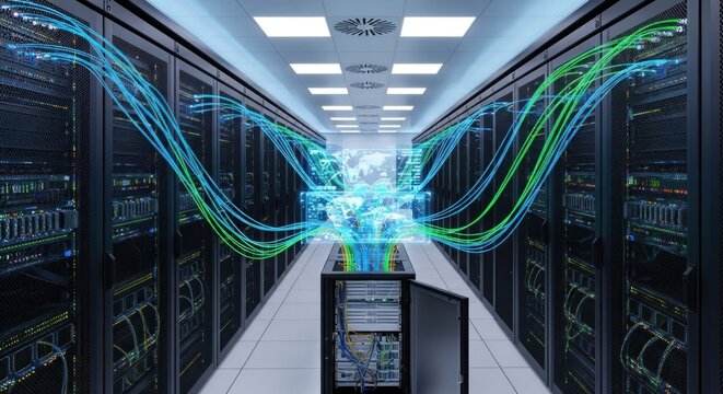 A server room with multiple servers and cables in a data center. - Powered by Adobe
