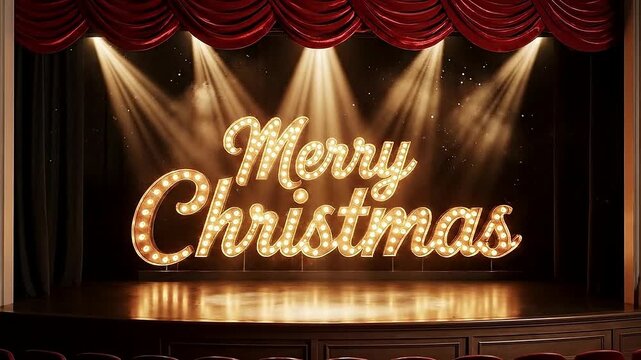 Velvet red curtain opens revealing glowing &ldquo;Merry Christmas&rdquo; on stage, golden spotlight, elegant cinematic motion
