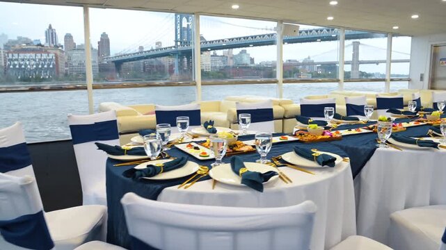 Banquet setup on yacht with New York skyline view. Elegant banquet table setup on a yacht with the Manhattan Bridge and New York skyline in the background.
