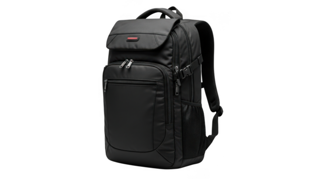A black backpack with multiple compartments and zippers, isolated on transparent background