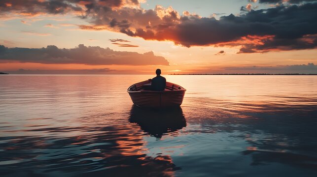 A solitary figure rows a small boat across a tranquil lake at sunset, the sky ablaze with fiery colors.