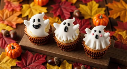 Fototapeta premium Three frosted cupcakes with ghost decorations on a wooden tray with autumn leaves and pumpkins.