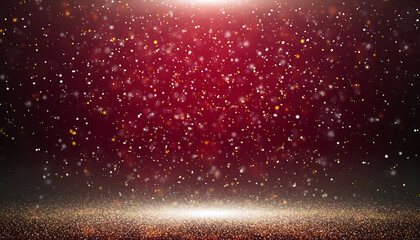 Sparkling red spotlight stage with falling glitter