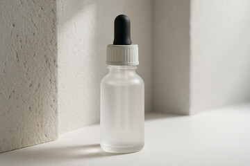 Frosted Glass Dropper Bottle Mockup on Concrete Ledge