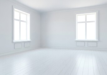 Empty white room with two windows and wooden floor, clean and bright interior space, minimalist design, architectural background
