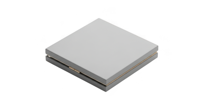 Closed square gift box with gold trim, isolated on transparent background