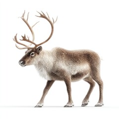 Obraz premium Majestic reindeer walking pure white background hyperrealistic image studio environment close-up perspective