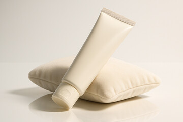Beige Cosmetic Tube Mockup on a Soft Velvet Pillow