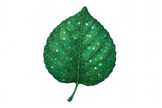 Green leaf illustration with shimmering glitter texture and watercolor style, isolated on transparent background
