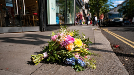 Colorful bouquet of flowers laying on city sidewalk near road curb surrounded by urban street scene with blurred pedestrians and vehicles in background on sunny day