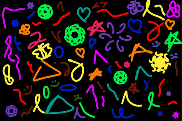 Abstract colorful background. Flowers, love, smiles, bubbles, stars, circles, waves. Vector illustration.