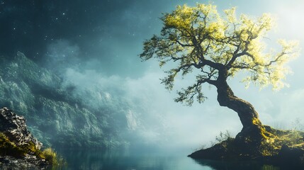 A solitary tree stands tall on a rocky island in a misty lake, with a starry sky and a glowing sunrise in the background.