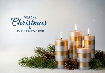 Four lit christmas candles with gold and silver stripes, pine branches, pinecones, and falling snow effect, merry christmas and happy new year text