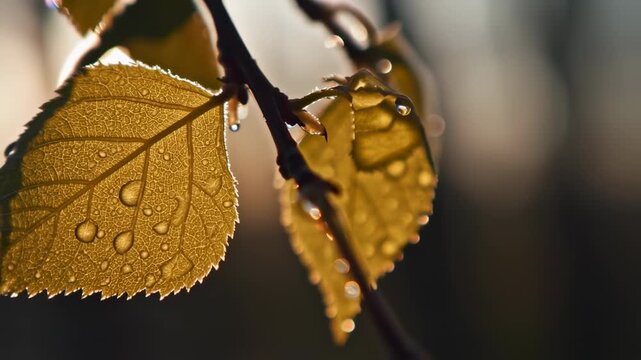Delicate birch leaves adorned with glistening water droplets, sunlight, and nature