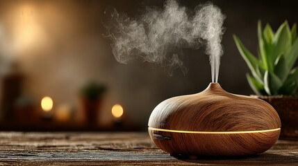 Wooden aroma diffuser emitting vapor with plant and candles in background on table.