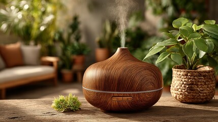 Wooden aromatherapy diffuser emits mist outdoors with plants and furniture in background.
