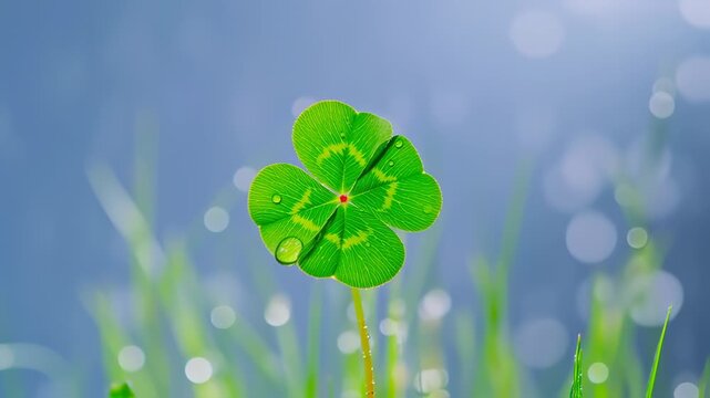 Captivating Four-Leaf Clover Display with Dew Drops and a Serene Blurred Backdrop