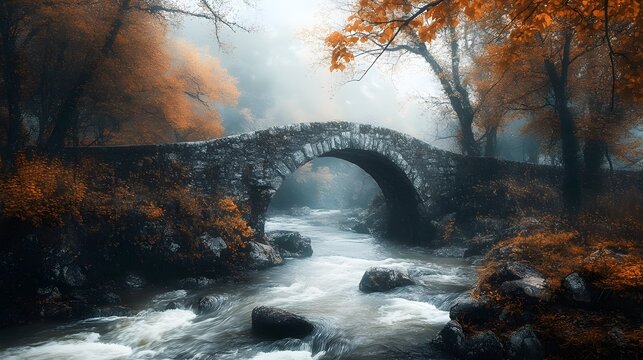 A stone arch bridge over a rushing river in a misty forest, surrounded by autumn foliage. - Powered by Adobe