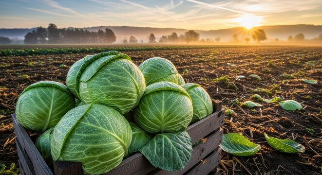 A crate of fresh green cabbage heads on a field at sunrise.