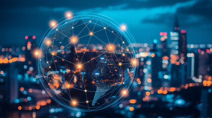 A transparent globe with glowing nodes symbolizes global connectivity data exchange and technological unity representing digital networks communication and the interconnected world of modern innovatio