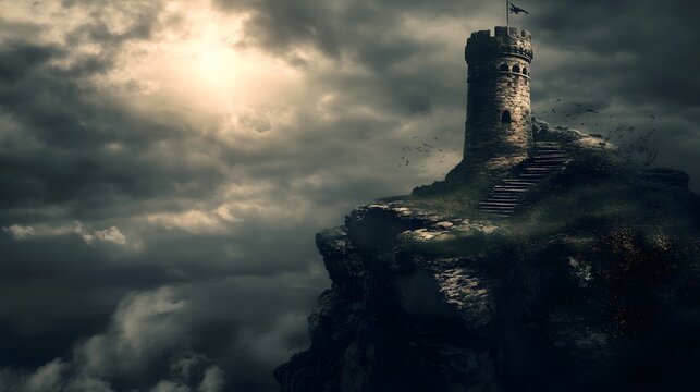 A stone tower stands on a clifftop, shrouded in dramatic stormy clouds.