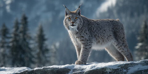 Lynx Standing on Snowy Rock in Winter Forest
